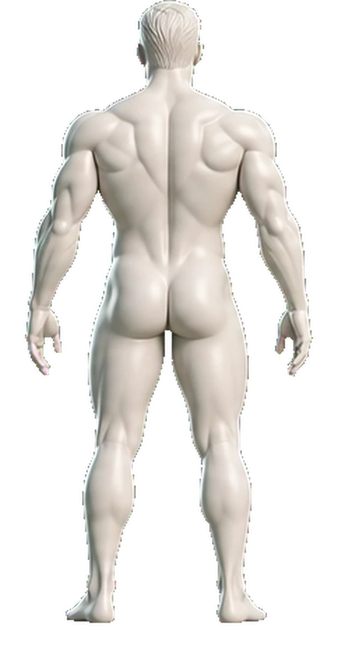 Body Focus muscle map, back view, with back muscles highlighted