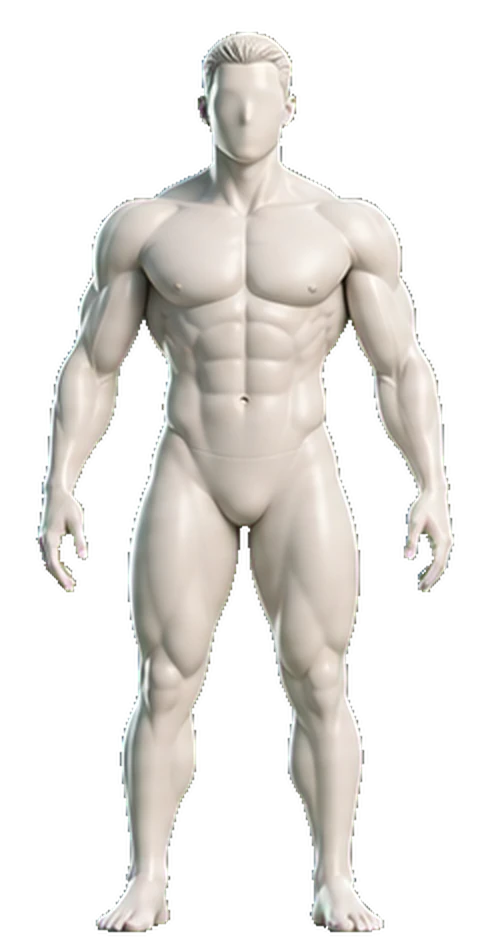 Body Focus muscle map, front view, with quads and chest highlighted