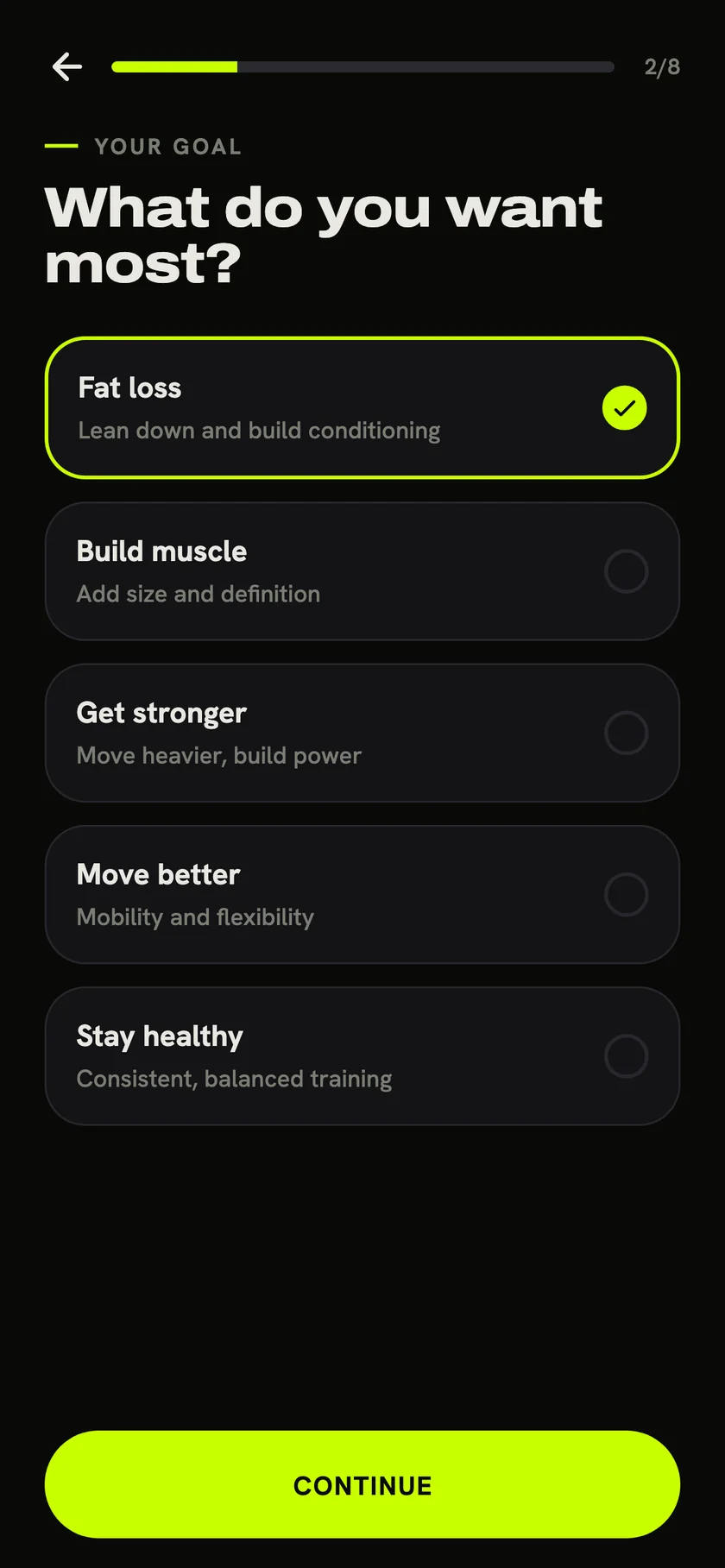 Burnix onboarding goal picker screen