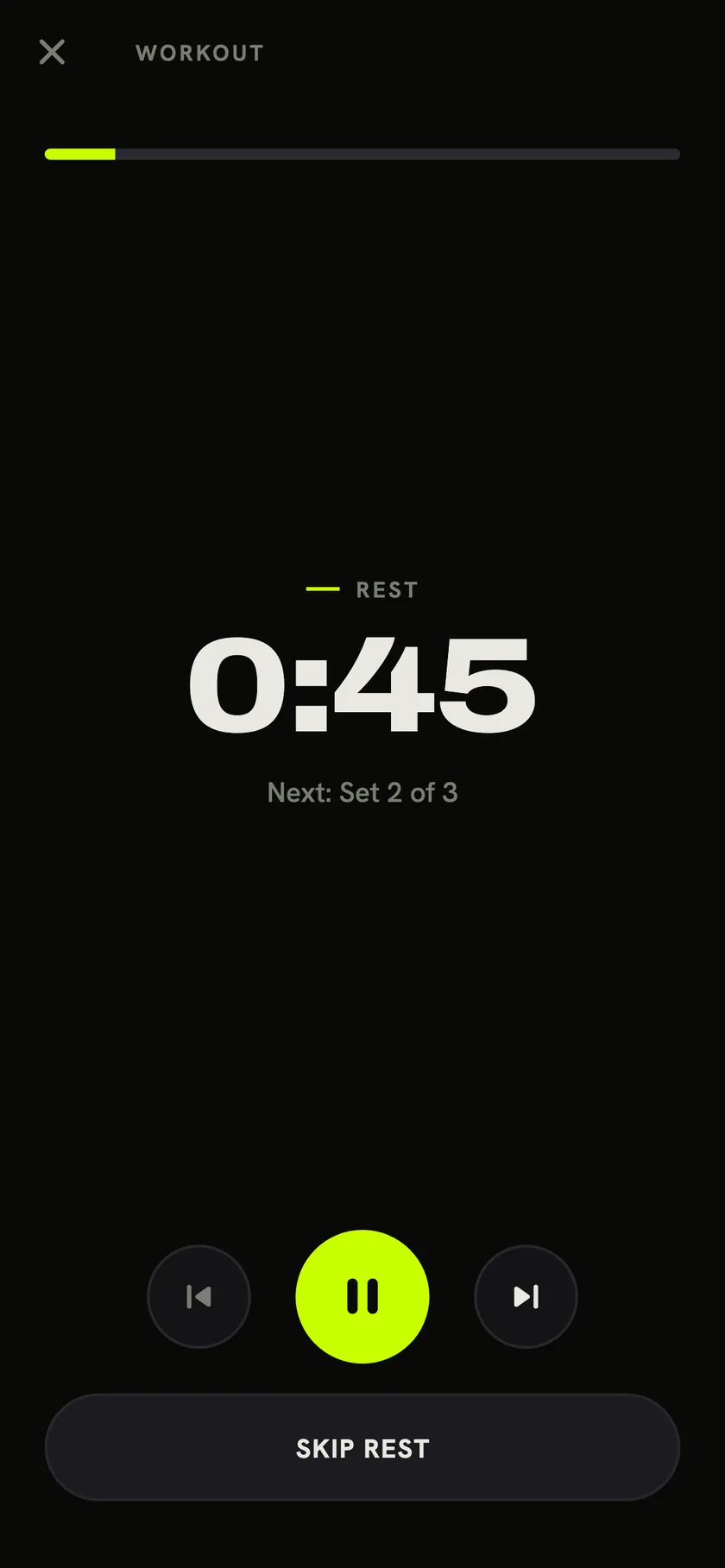 Burnix workout player rest screen with a large 0:45 rest countdown