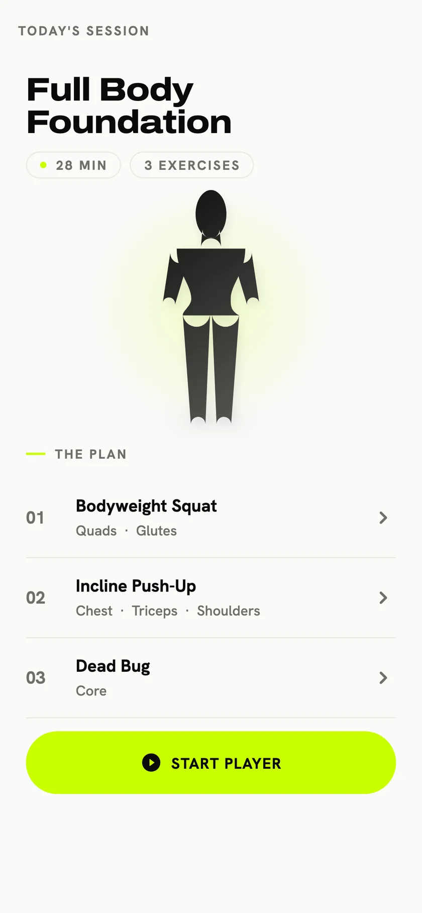 Burnix Today screen with the day's queued session — exercises, sets and estimated time